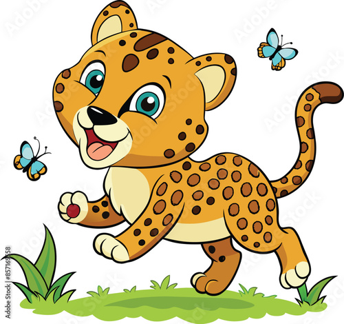 cartoon baby leopard playing with butterflies vector illustration,  cute leopard looking at a butterfly.