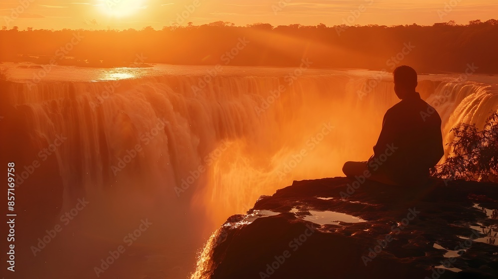 Silhouetted Figure Admiring Dramatic Waterfall at Vibrant Sunrise