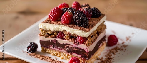 A decadent layered dessert with chocolate and berries photo