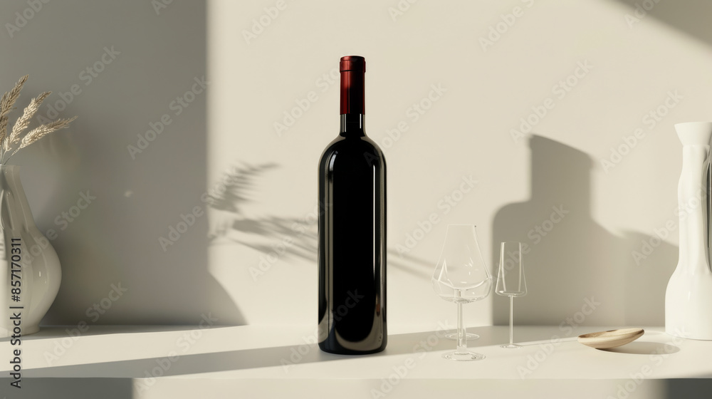 A lone red wine bottle stands tall against a minimalist background with glasses, bathed in soft light creating a sophisticated and elegant scene.