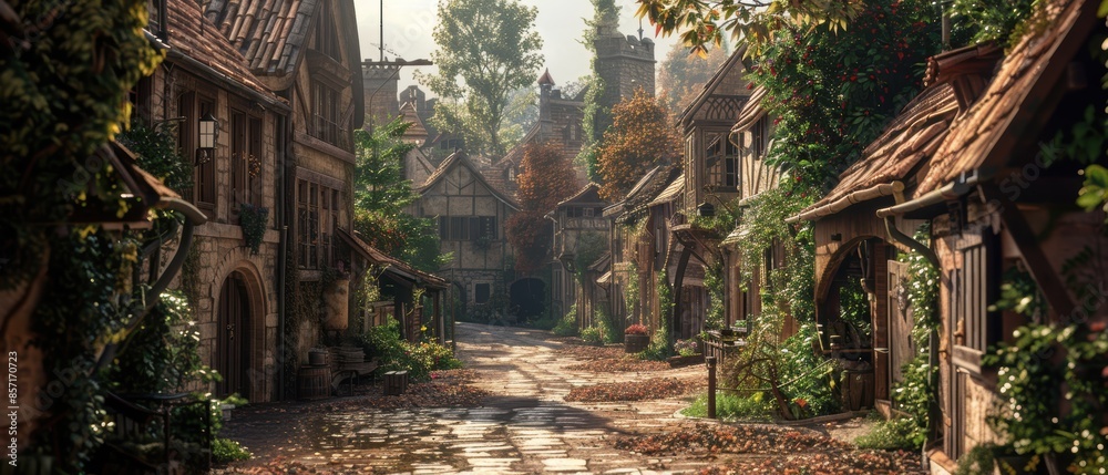 image of a historic European village at dawn, with cobblestone streets and charming buildings, ideal for travel and cultural themes image of a historic European village at dawn, with cobblestone streets and charming buildings, ideal for travel and cultural themes