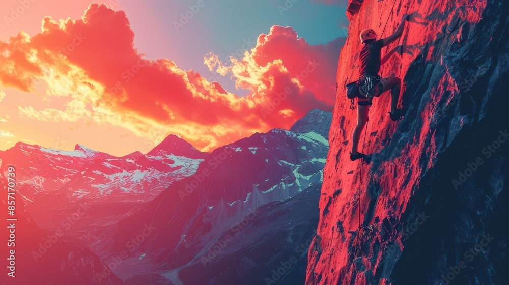 Fototapeta premium A climber scaling a rock wall, minimal style, illustration background