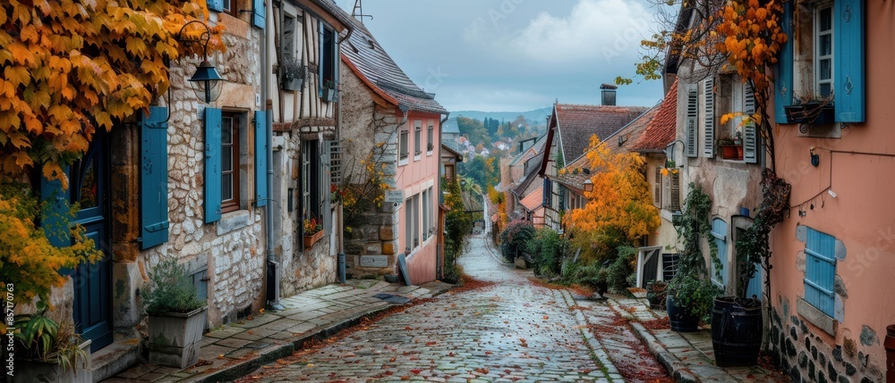 Fototapeta premium image of a historic European village at dawn, with cobblestone streets and charming buildings, ideal for travel and cultural themes
