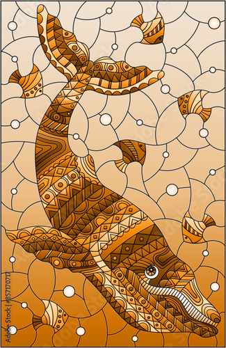 An illustration in the style of a stained glass window with an abstract whale , tone brown