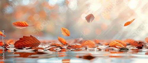 A detailed image of autumn leaves floating in a serene setting