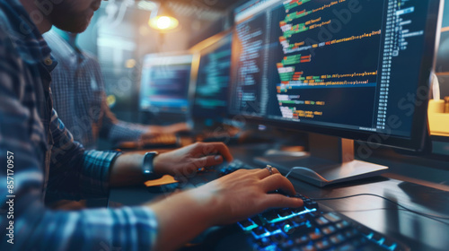 A focused programmer types code on a large monitor in a dimly lit office, emphasizing the intense environment of a software development workspace.