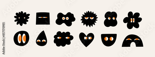 Set of Various black Doodle shapes with face emotions. Different figures with eyes. Hand drawn trendy Vector illustration for kids. Cute funny characters. All elements are isolated