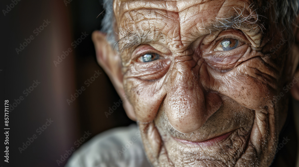 A close-up portrait of an elderly man with deeply lined skin and expressive eyes, revealing a lifetime of experiences and wisdom.