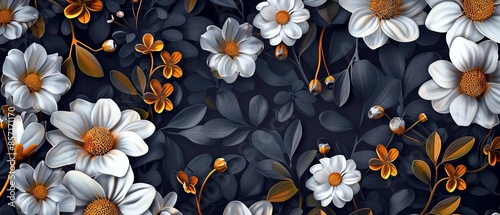 Wallpaper Mural A detailed image of white and golden flowers on a dark background Torontodigital.ca