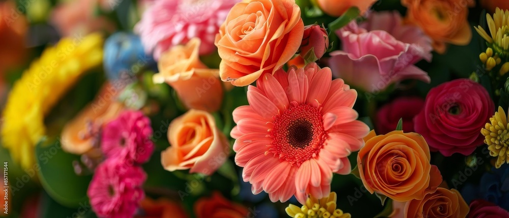 A detailed view of a bouquet with bright, colorful flowers