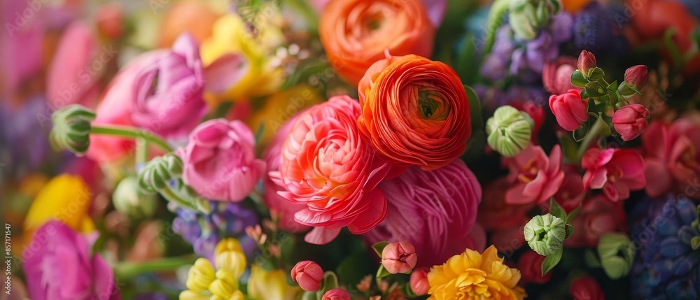A detailed view of a bouquet with bright, colorful flowers A detailed view of a bouquet with bright, colorful flowers