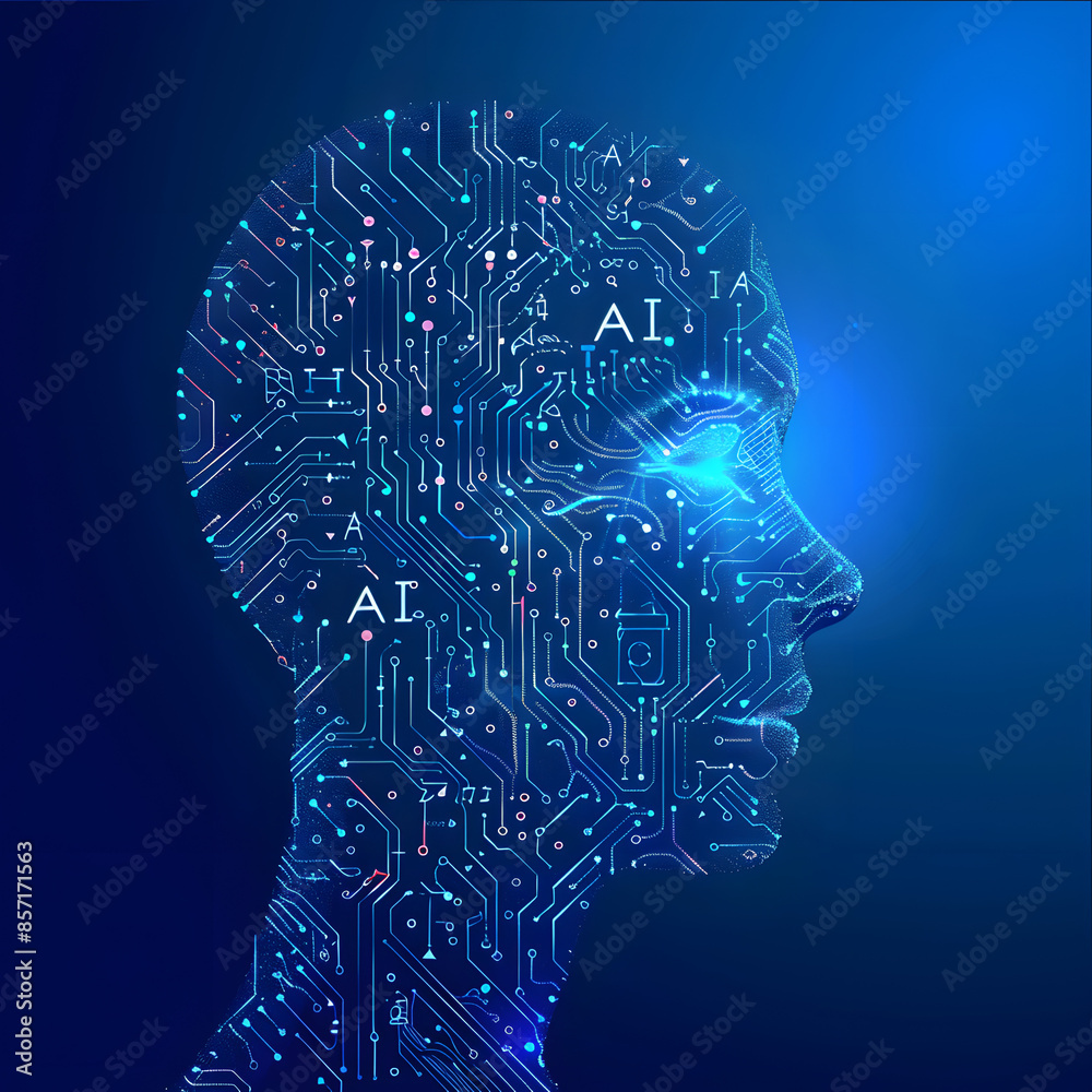 AI - Artificial intelligence. Ai digital brain. Robotics concept. Human face made from polygon.