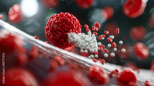 Microscopic view of red blood cell releasing burst of white blood cells in blood vessel immune response illustration photo