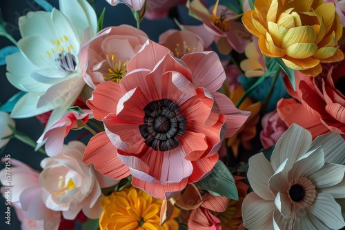 A detailed view of a bouquet of paper flowers