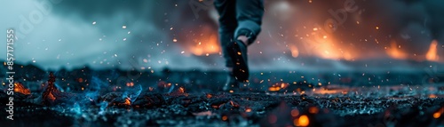 A lone figure walks through a post-apocalyptic landscape, fire and smoke in the distance. photo