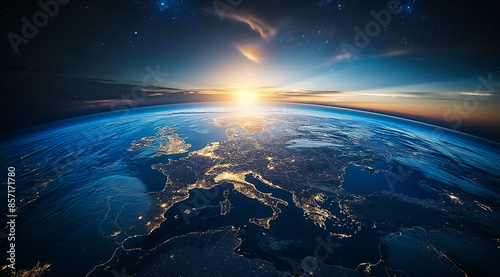 a view of earth from space, the sun is rising over europe and it's lighting up clouds in blue and yellow hues, the horizon lines with glowing lights on cities.