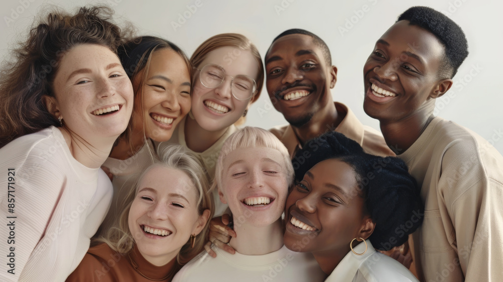 A diverse group of friends share a joyful moment, smiling and embracing, radiating unity and happiness. A diverse group of friends share a joyful moment, smiling and embracing, radiating unity and happiness.