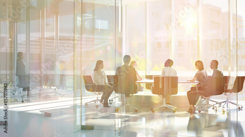 A group of professionals engage in a meeting in a spacious, sunlit conference room with large windows and transparent walls.