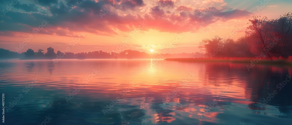 Obraz premium background of a serene lake at sunset, with calm waters and a colorful sky, perfect for peaceful and romantic themes