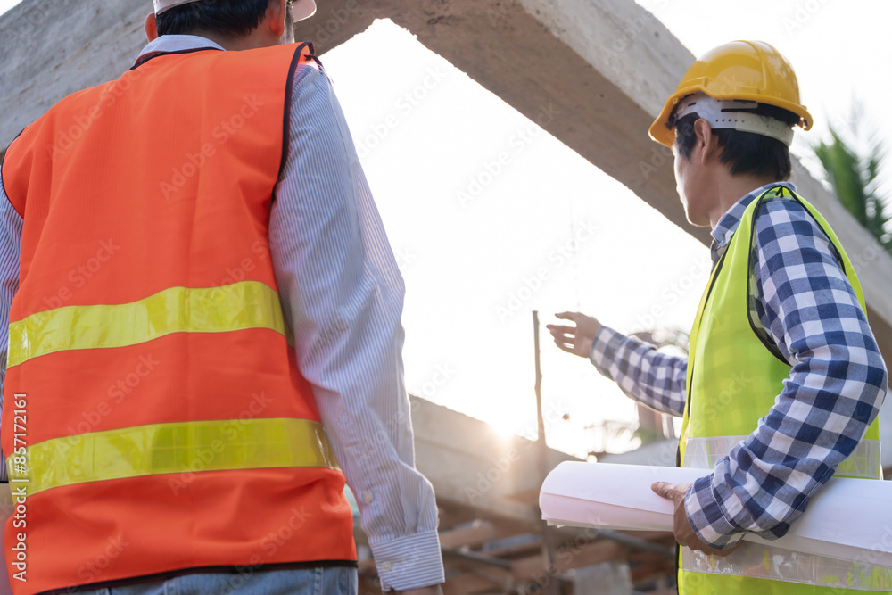 inspector or engineer is inspecting construction and quality assurance new house using a blue print. Engineer or architects or contactor work to build the house before handing it over to the homeowner inspector or engineer is inspecting construction and quality assurance new house using a blue print. Engineer or architects or contactor work to build the house before handing it over to the homeowner