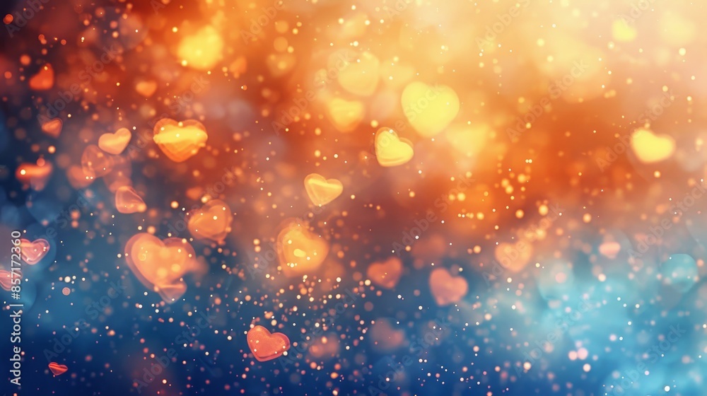 Tangerine and blue background with angular light shards glitter and heart shapes background Tangerine and blue background with angular light shards glitter and heart shapes background