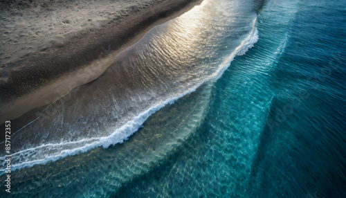 Aerial view early morning light with ocean waves flowing over rocks around North on digital art concept, Generative AI.