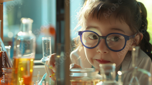 A young girl with large blue glasses intently examines test tubes in a brightly lit science classroom, showcasing her curiosity and wonder. photo