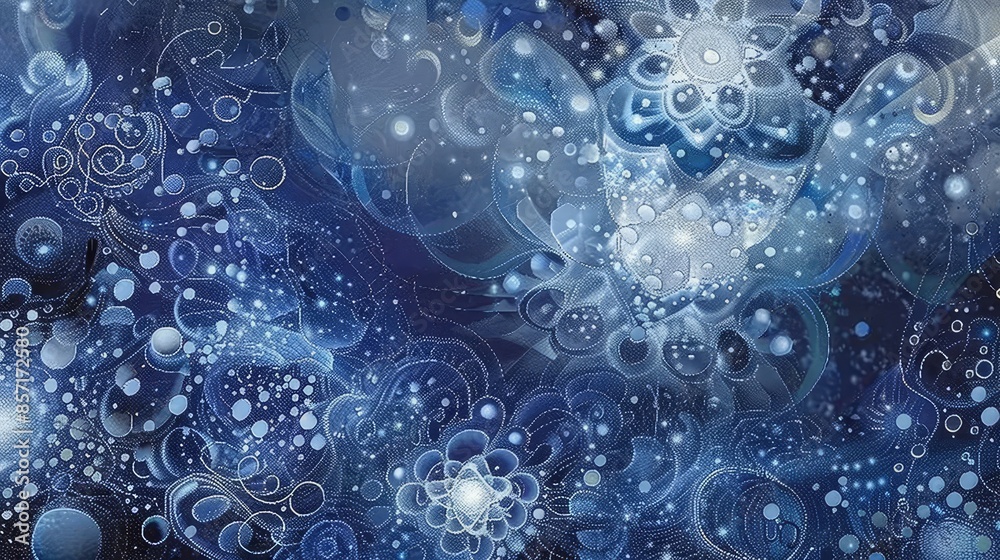 Abstract blue and silver background with cosmic patterns glowing orbs and hearts background Abstract blue and silver background with cosmic patterns glowing orbs and hearts background