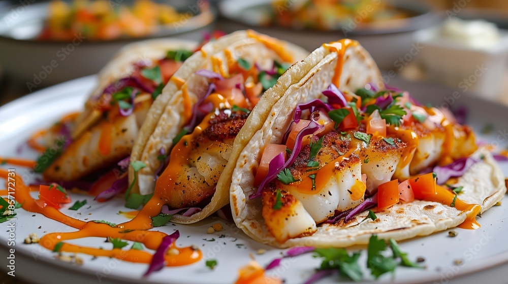 Close-Up of Vibrant Fish Tacos with Colorful Slaw and Sauce Close-Up of Vibrant Fish Tacos with Colorful Slaw and Sauce