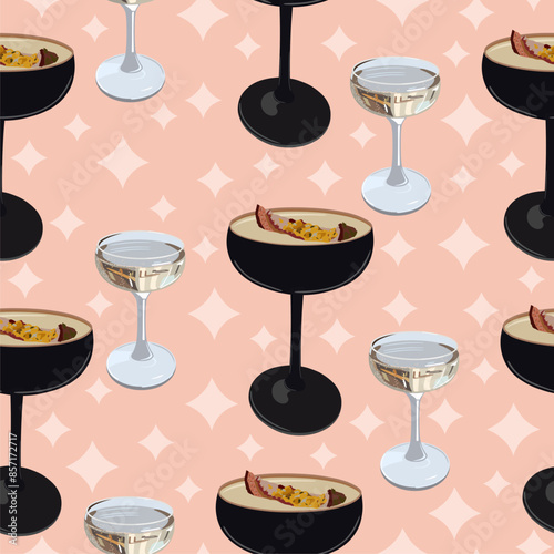 Porn star martini cocktail passion fruit. seamless pattern Champagne glass and black glass with Passiflora. Light pink background with light pink stars.