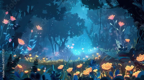 fantasy night forest with glowing magic flowers fairy tale wonderland landscape concept art illustration photo