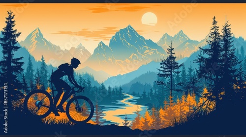 A cyclist riding through a scenic mountain trail, minimal style, illustration background photo
