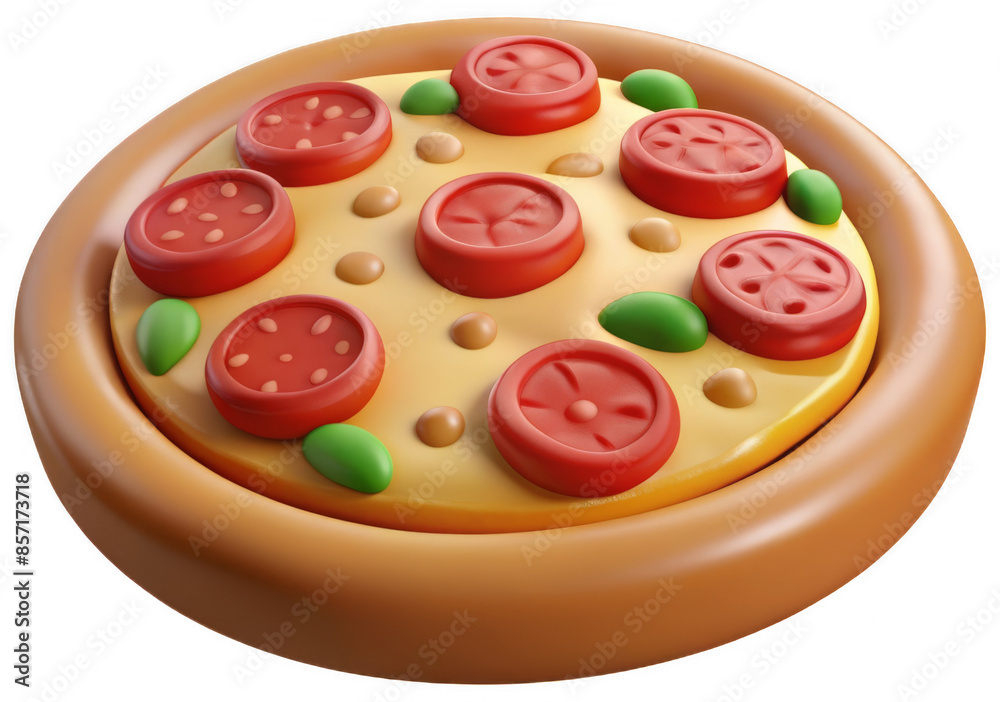 A delightful 3D illustration of a pepperoni pizza, ideal for food icons, menus, and fun design projects. A delightful 3D illustration of a pepperoni pizza, ideal for food icons, menus, and fun design projects.