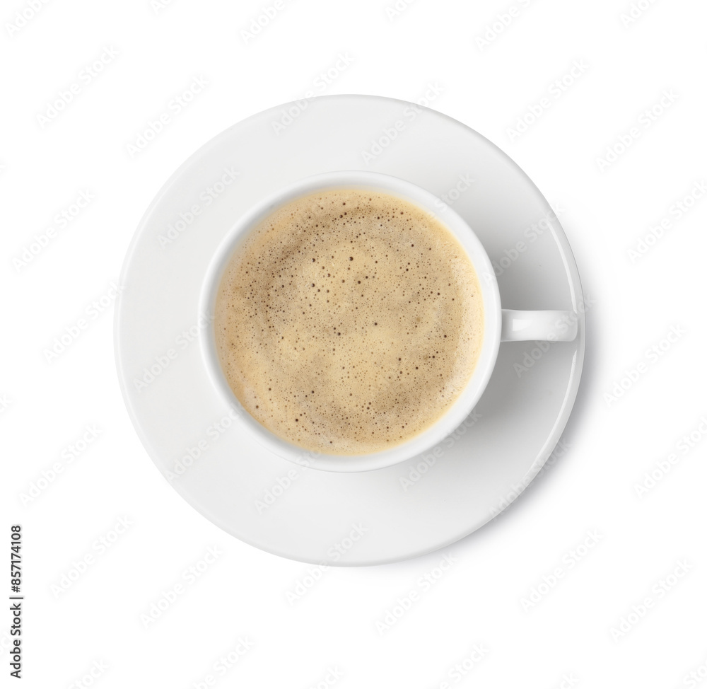 Tasty coffee in cup isolated on white, top view Tasty coffee in cup isolated on white, top view