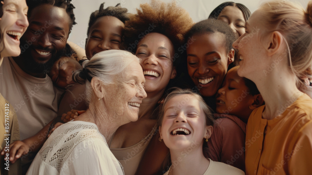 Fototapeta premium A lively, diverse group of people, laughing and smiling, embraces in a heartwarming display of unity and togetherness.