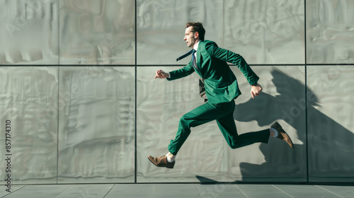 A man energetically runs in a green suit against a modern architectural background, embodying an urgent, driven spirit.