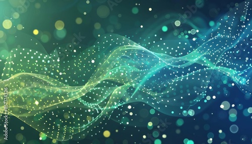 A digital technology background with a green and blue wave of connected dots and lines