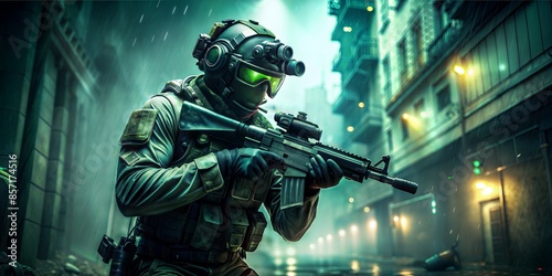 Special forces operative clad in tactical gear, face obscured by a night vision goggles, creeping through a dimly lit urban landscape, scattered debris casting long shadows, night vision goggles