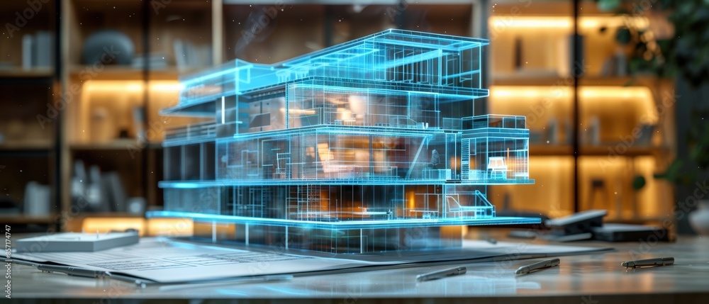 A hologram of a building blueprint in an architect's office A hologram of a building blueprint in an architect's office