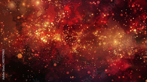 Nebula in red and gold with glowing orbs and faint star-like sparkles. background