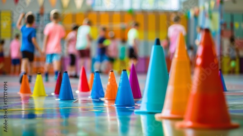 Vibrant Gymnasium with Colorful Cones and Children Playing - Generative AI