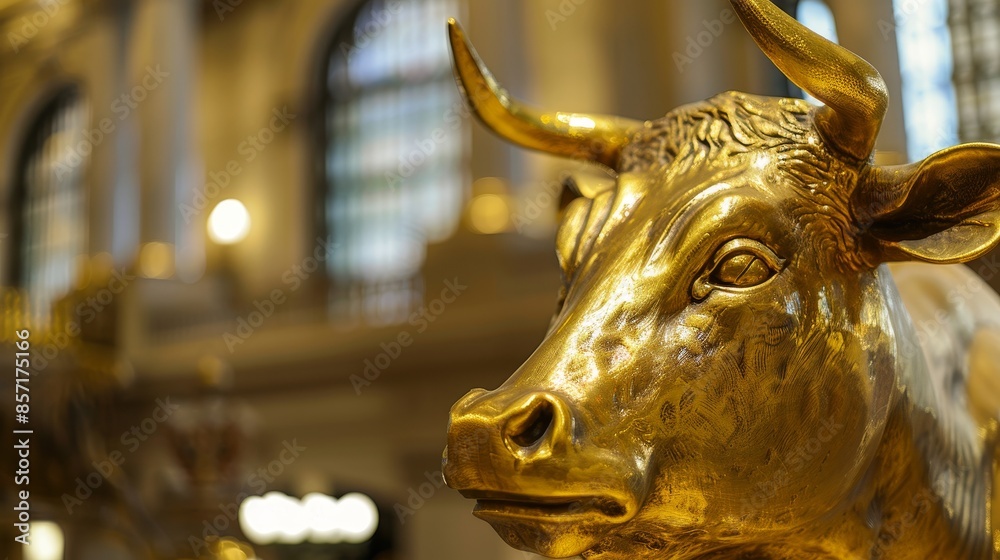 Glowing Golden Bull Sculpture Symbolizing Bullish Market Sentiment with Blurred Stock Exchange Trading Floor Background Glowing Golden Bull Sculpture Symbolizing Bullish Market Sentiment with Blurred Stock Exchange Trading Floor Background