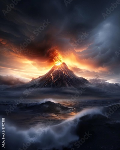 Dramatic volcanic eruption with fiery lava and dark stormy clouds.