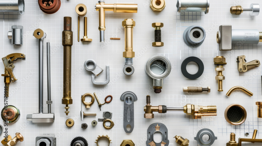 An array of diverse mechanical components and tools neatly organized on a grid, capturing the precision and diversity of industrial elements. An array of diverse mechanical components and tools neatly organized on a grid, capturing the precision and diversity of industrial elements.
