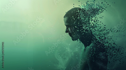 A stylized depiction of a man's face dissolving into pixels, symbolizing disintegration or transformation within a gradient green background.