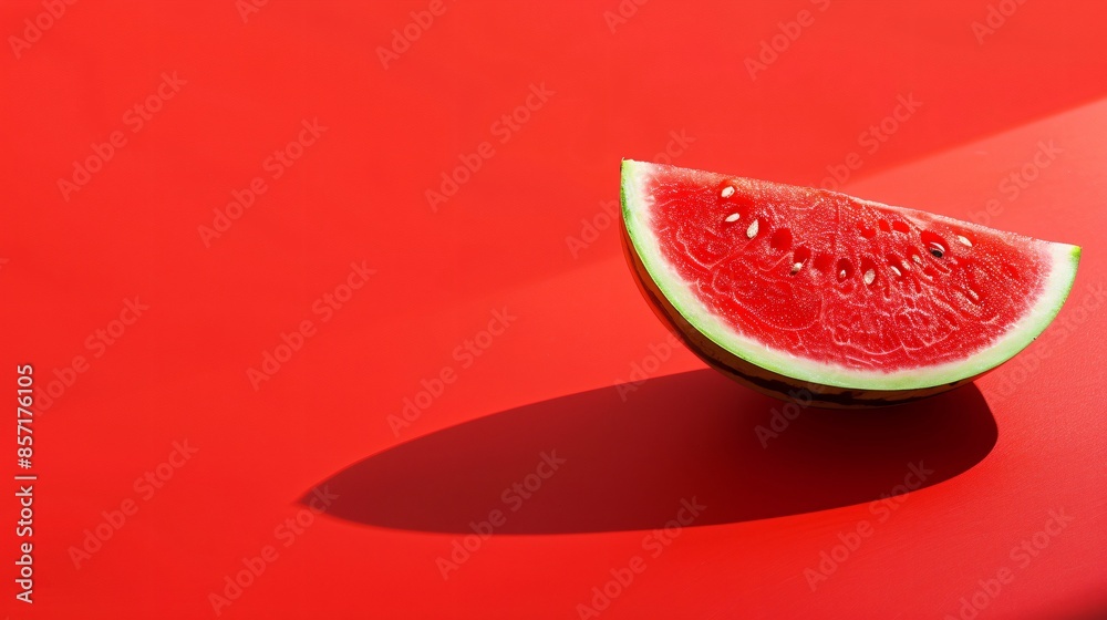 Freshly cut watermelon slice on a bright red background juicy and refreshing ample copy space surrounding the fruit