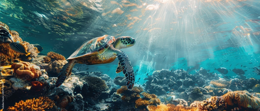 Fototapeta premium A beautiful underwater shot of a sea turtle swimming near a coral reef, with sunlight filtering through the water