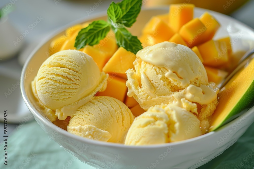 Creamy Mango and Vanilla Ice Cream with Fresh Mango Slices and Mint Garnish Creamy Mango and Vanilla Ice Cream with Fresh Mango Slices and Mint Garnish