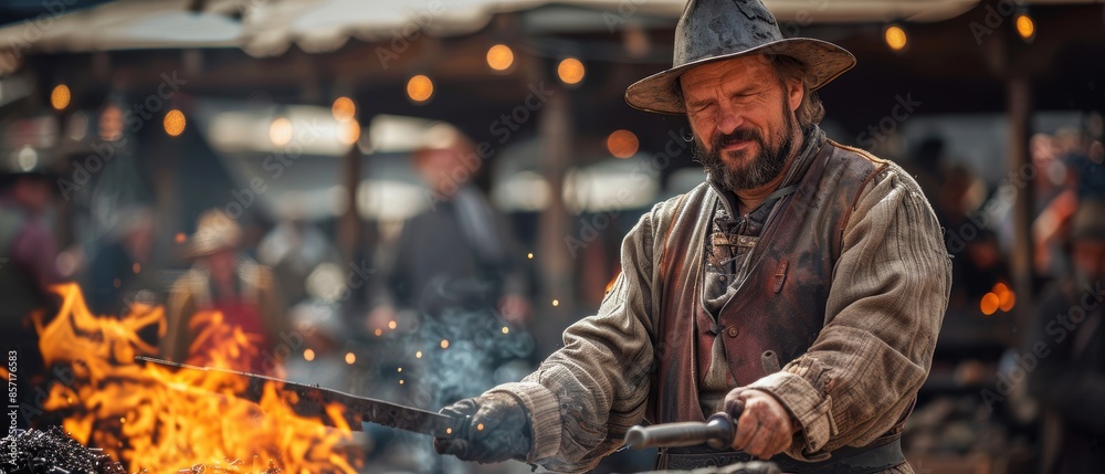A blacksmith demonstrating metalwork at a fair A blacksmith demonstrating metalwork at a fair