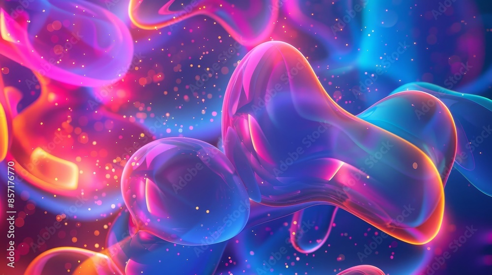 Amoeba-like shapes in neon colors with glowing edges and sparkling particles background Amoeba-like shapes in neon colors with glowing edges and sparkling particles background
